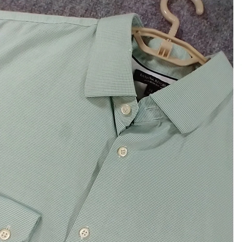 Banana Republic Mens XL Non-Iron Slim‎ Fit Green Micro Check Button Down Shirt